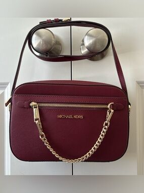 NWOT Michael Kors Wine Saffiano Leather Crossbody with Gold Hardware
